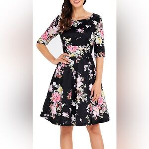 Sidefeel Vintage 1950's 3/4 Sleeve Floral Print Pleated Dress Size Large